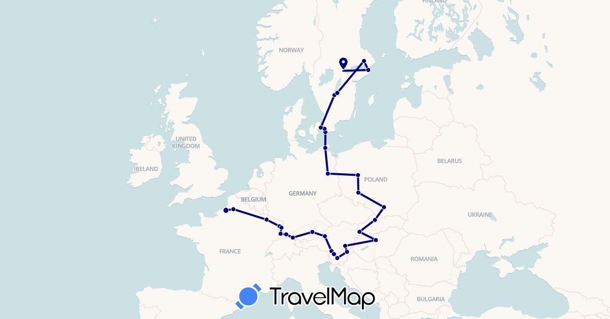 TravelMap itinerary: driving in Austria, Germany, Denmark, France, Hungary, Poland, Sweden, Slovenia, Slovakia (Europe)
